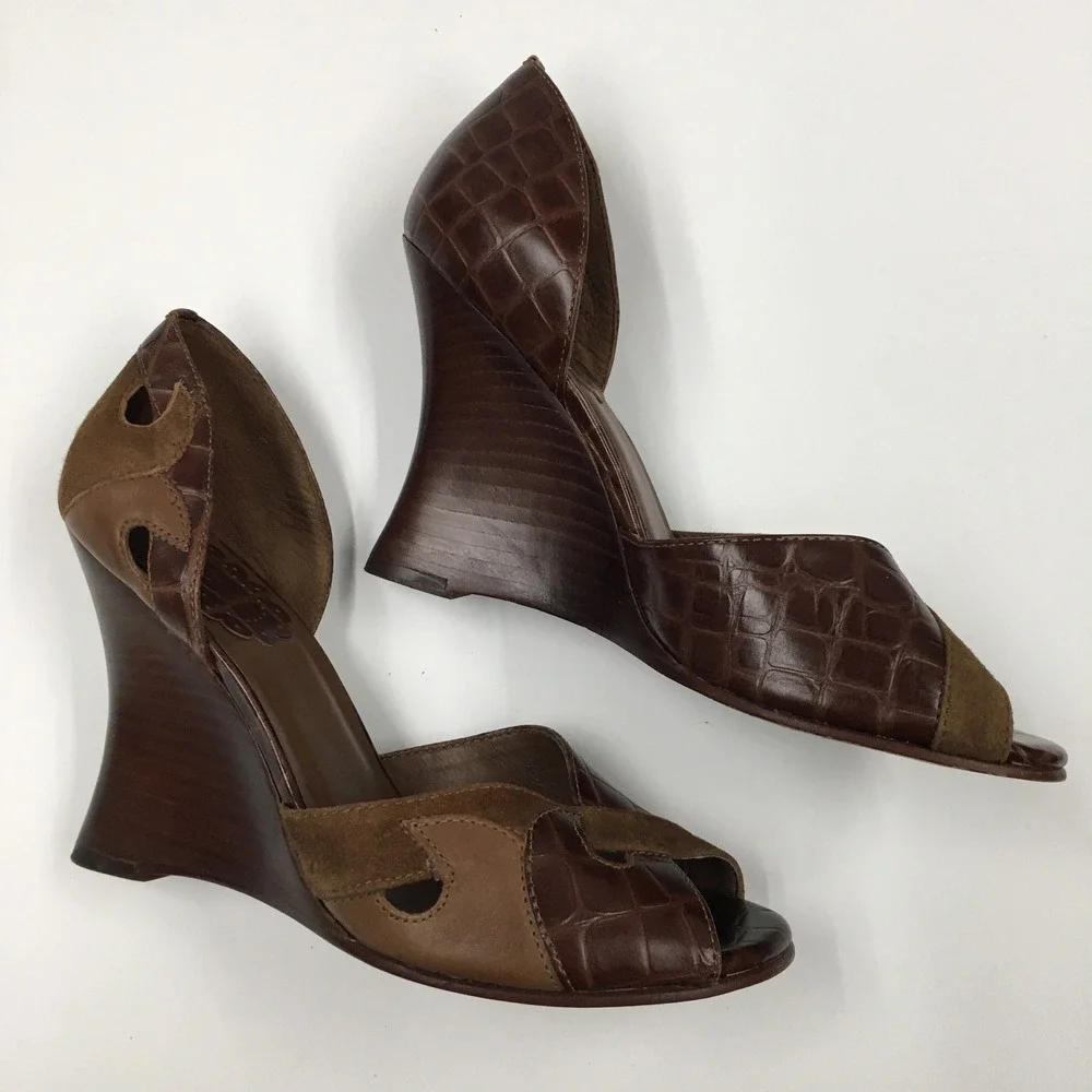 Aldo Croc Embossed Suede Wedge Heels EU 37 Brown Dark Academia Professional